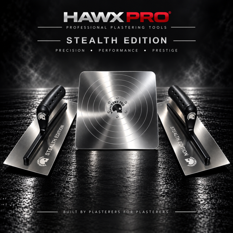 Hawx Pro Stealth Edition plastering tool set with hawk and trowels